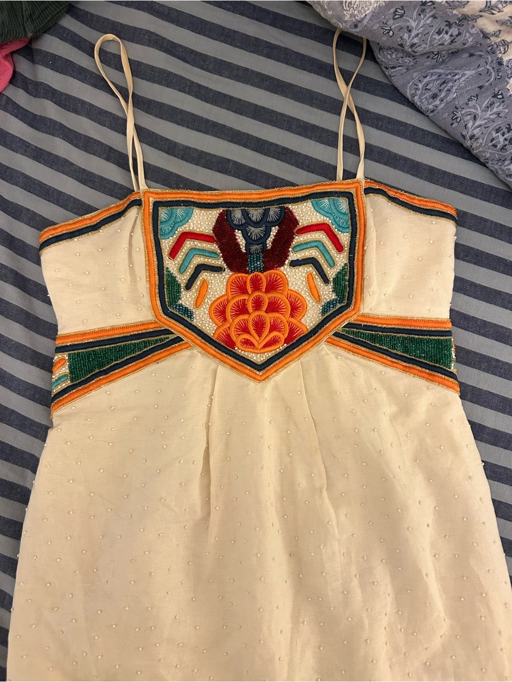 French Connection Cream Spaghetti Strap Dress with Beaded Embroidery Detailing